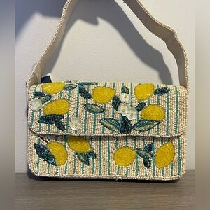 Striped Lemon and Flowers Beaded Shoulder Bag Made in India